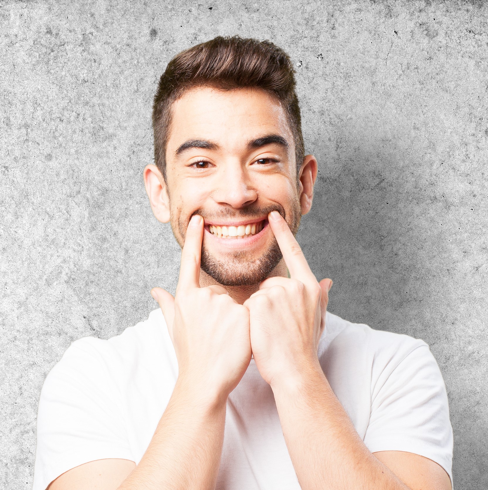 young man pointing his mouth